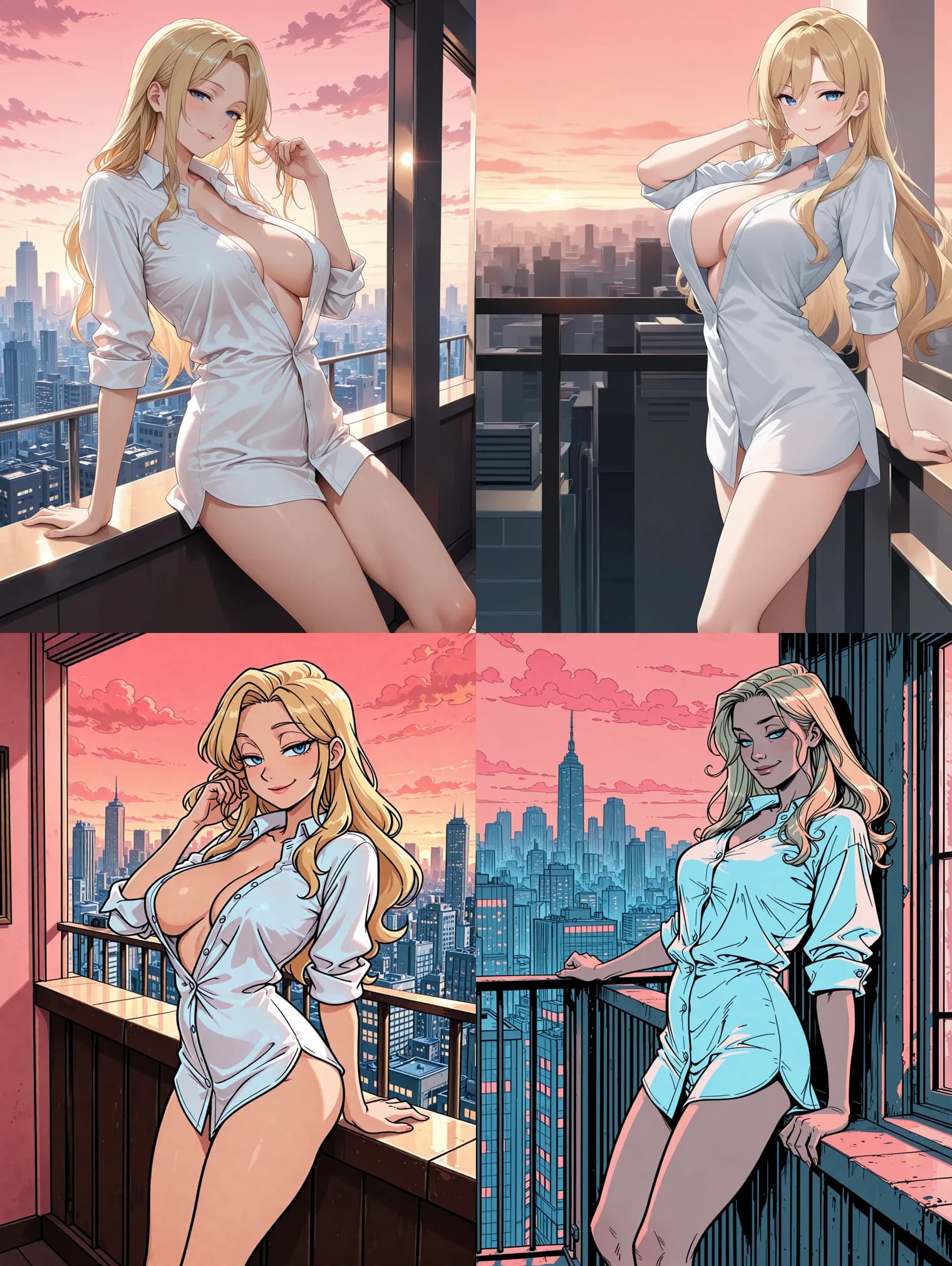 The same character rendered in semi-realistic, anime, cartoon and comics styles on the same balcony
